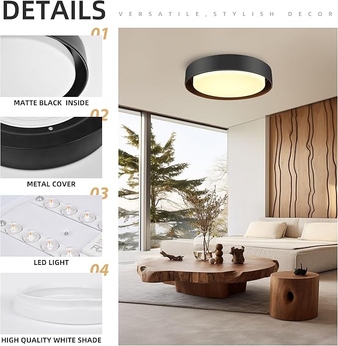 Hlite 13 inch Ceiling Light Fixture,Modern LED Flush Mount Ceiling Light,3000K/Warm White/24W,Dimmable 1920LM Rustic Indoor Room Decorative Ceiling Lights for Bedroom Kitchen, Black(1 Pack)