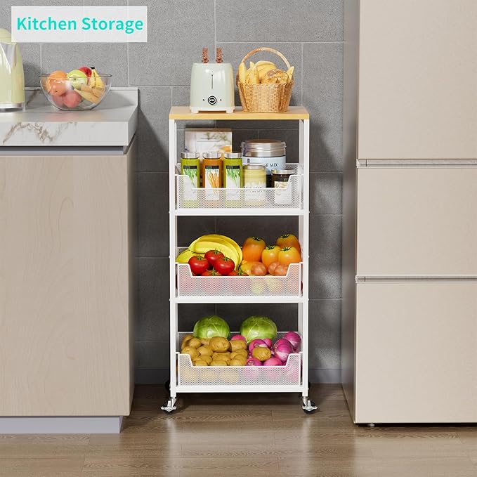 HapiRm Fruit Basket Kitchen Cart - 4-Tier Rolling Storage Cart with Wheels, Wood Top Utility Pantry Cart for Vegetables, Potatoes, Onions, Bread, Snacks