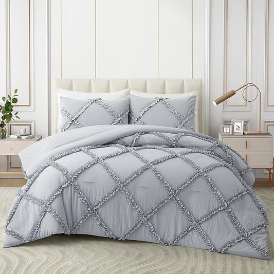 Bonlino Twin Comforter Set Soft Bedding - 2 Pcs Tufted Decor Fluffy Comforter Boho Bed in a Bag with Cute Lightweight Pillowcase for Dorm Farmhouse Bedroom Luxury Gift(Light Grey)