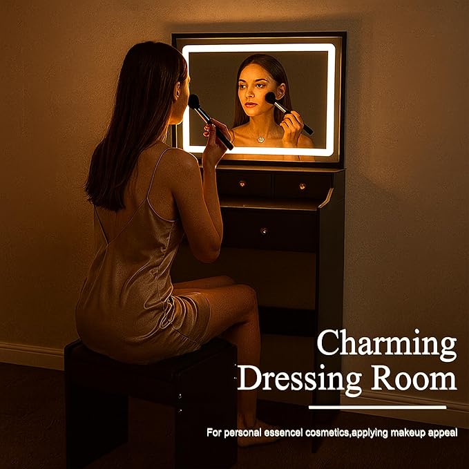 Small Makeup Vanity Desk with Full Size Mirror and Lights, 31" Compact Black Dressing Table with Chair, 5 Storage Drawers, Power Outlet & Hair Dryer Holder for Small Space, Dorm, Bedroom