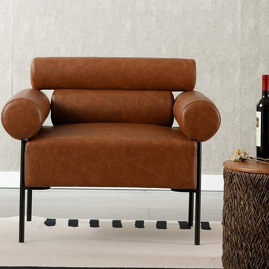 Modern Accent Chair, Single Sofa Accent Chair for Living Room, Upholstered Leather Mid-Century Modern Armchair, Oversized Reading Chair with Channel Tufted for Bedroom, Office, Brown