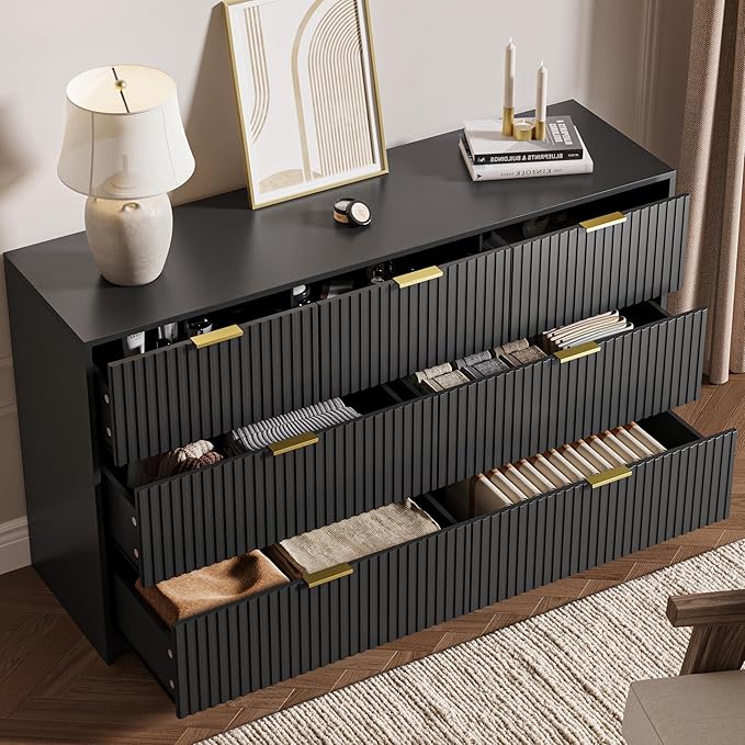 Black 7 Drawer Dresser for Bedroom, Modern Fluted Dresser with Gold Metal Handles, Wide Chest of Drawers for Bedroom, Living Room, Entryway, Hallway, 55.9" L x 15.7" D x 31.4" H