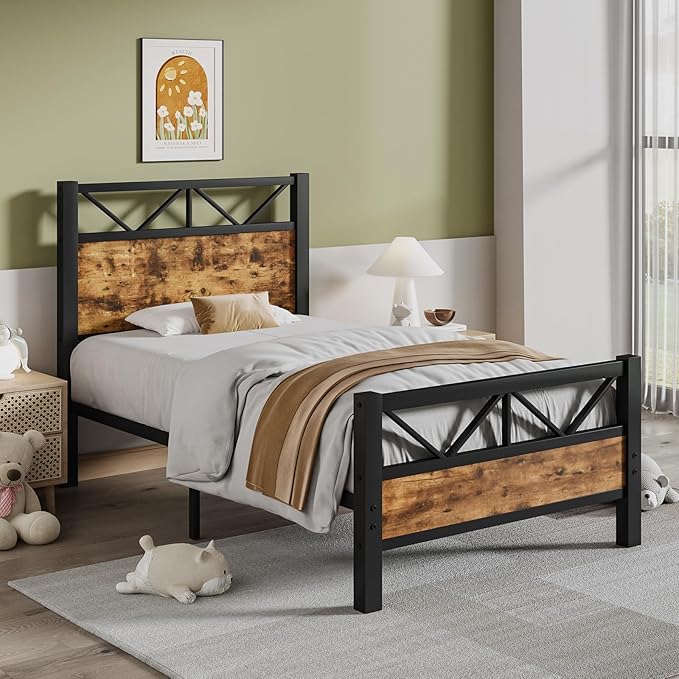 Twin Bed Frames, Twin Beds with 51.2" Tall Headboard, Industrial Bed Frame Twin with Heavy Duty Metal Slats Support, No Box Spring Needed, Noise-Free, Easy Assembly, Rustic Brown