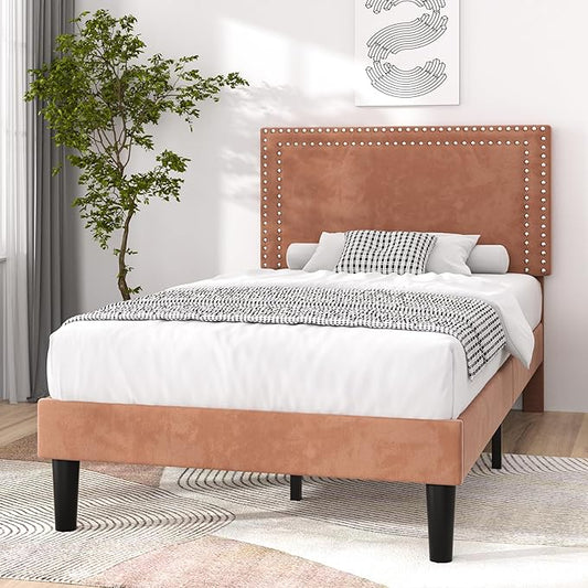 VECELO Twin Size Platform Bed Frame with Adjustable Upholstered Headboard, Strong Wood Slat Support, No Box Spring Needed, Easy Assembly