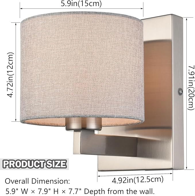 SAMTEEN Brushed Nickel Wall Sconces Set of Two Modern Fabric Shade Wall Lamp Drum Wall Sconce for Bedroom Hallway Living Room Bathroom