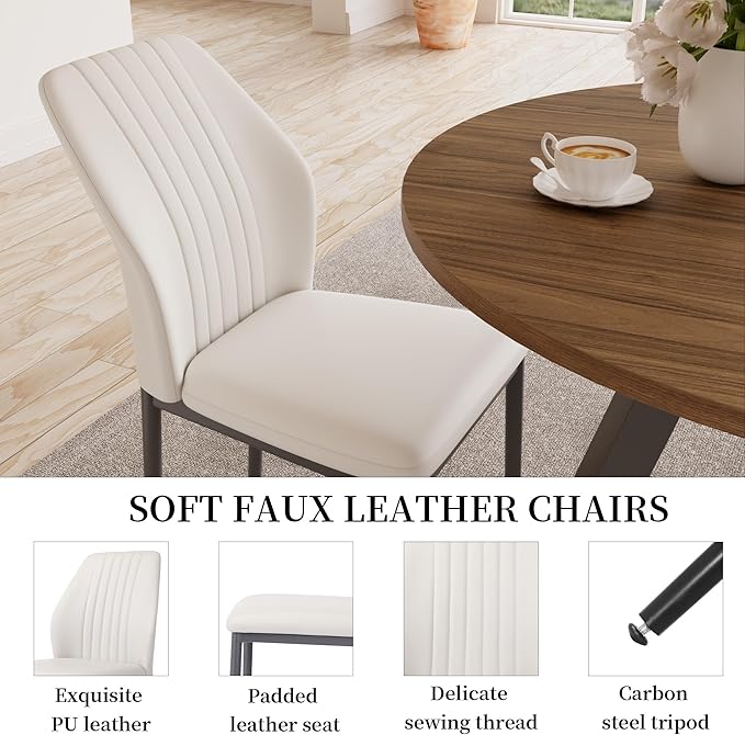 34.6'' Round Dining Table and Chairs for 4 Space Saving for Apartment Kitchen Dining Room (Walnut Table+4 White Chairs)