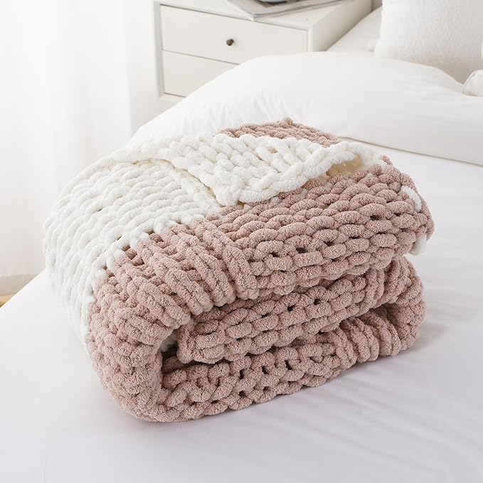 Battilo Chunky Knit Throw Blanket, Soft and Thick Chenille Throw Blanket, 50"x60" Handmade Cable Knit Crochet Blanket, Large Rope Knot Throw Blankets for Couch Sofa Bed Home Decor, Blush & White