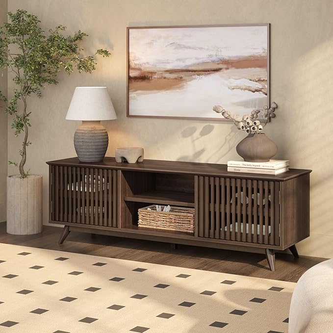 Plank+Beam Mid-Century Modern Wood TV Stand, Solid Wood Entertainment Console with Storage, 59" L x 16" W x 19" H, Walnut