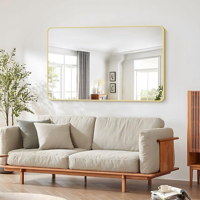55x36 Inch Gold Bathroom Mirror, Metal Framed Large Rectangle Mirror, Rounded Rectangular Vanity Mirror, Wall Mounted Mirror for Over Sink Living Room Bedroom Entryway Horizontal/Vertical