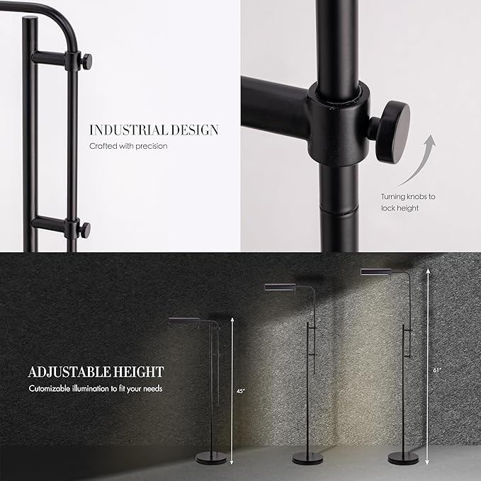O'Bright Cedric Adjustable Pharmacy Floor Lamp - Industrial Design for Reading, Crafting, Work - 10W LED, Height 45-61 inches - Ideal for Living Room, Bedside, Office - Black