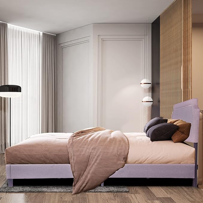 Bed Frame Upholstered Platform with Tufted Head Board Mattress Foundation with Wooden Slats Full/Queen Size for Bedroom School Students Kids Adults Storage Under 500lbs(Grey Fabric, Full)