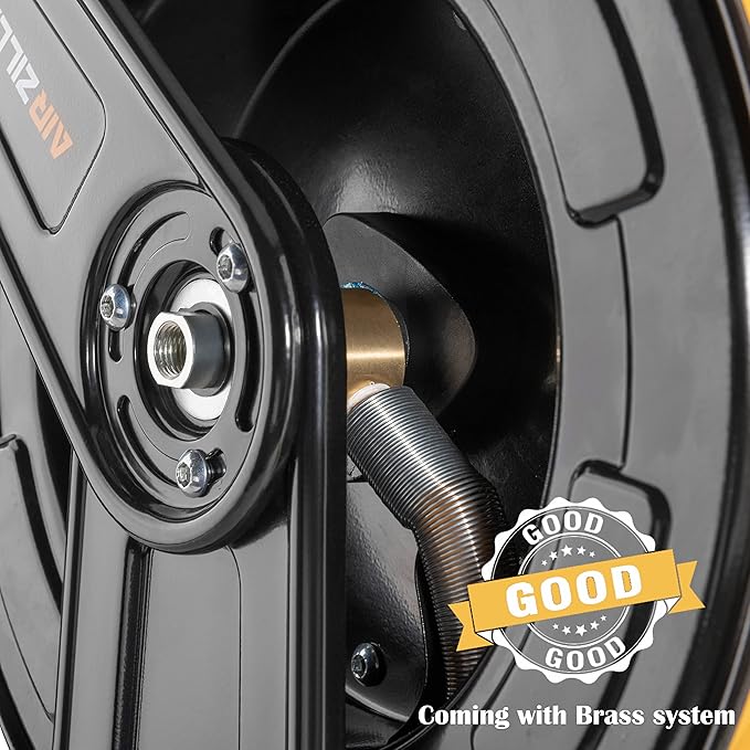 Premium Steel Retractable Air Hose Reel With Dual Arm, 3/8"x50Ft Hybrid Polymer Hose, Heavy Duty Air Hose Reel included Auto Rewind Reel | Quick Air Coupler | Durable Double side Frame.