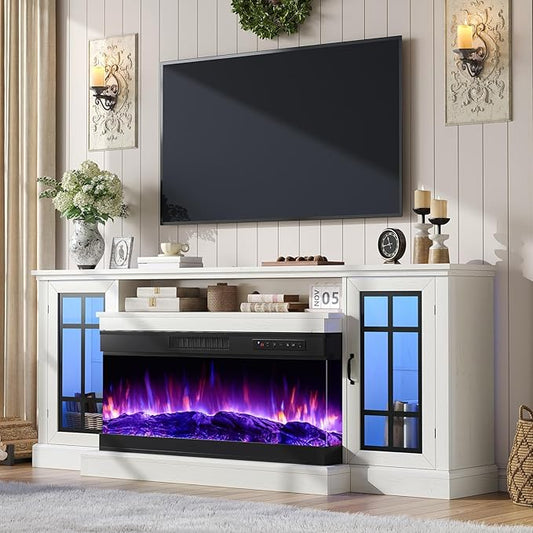 AMERLIFE 75in 3-Sided Glass Fireplace TV Stand with LED Lights for TVs up to 85", Rustic Fireplace Media Entertainment Center Console Table Cabniet with Glass Door Closed Storage, Distressed White