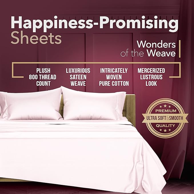 TEXAS LINEN CO. Egyptian Cotton California King Bed Sheets - 800 Thread Count 4 PC Blush Bed Sheet for Calking Size Bed, Sateen Weave Deep Pocket Luxury Hotel Sheets, Extra Soft Cooling Sheets