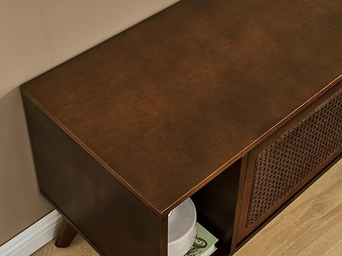 68 Inch Mid Century Modern TV Stands with Rattan Doors, MCM Entertainment Center Media Console for 60/65/70/75 inch TVS, Long Boho Television Stand for Living Room, Dark Walnut