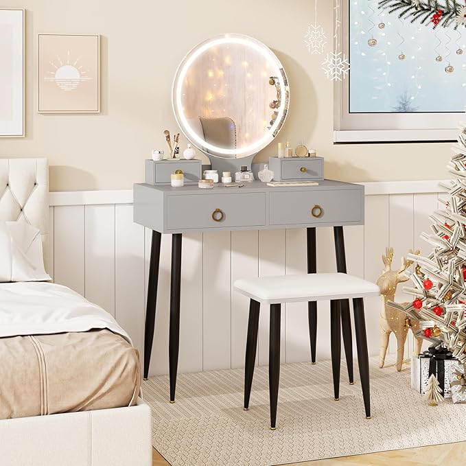 CHARMAID Vanity Desk with Mirror and Lights, Makeup Vanity with 4 Storage Drawers, 3 Lighting Modes, Adjustable Brightness, Modern Vanity Dressing Table with Stool for Bedroom, Gray & Black