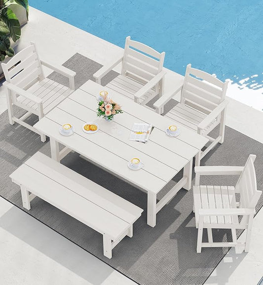 SERWALL Outdoor Dining Set for 6, HDPE Dining Furniture Set with Umbrella Hole Cut-Out Table and 1 Dining Bench and 4 Chairs, All Weather Outdoor Dining Bench Sets, White