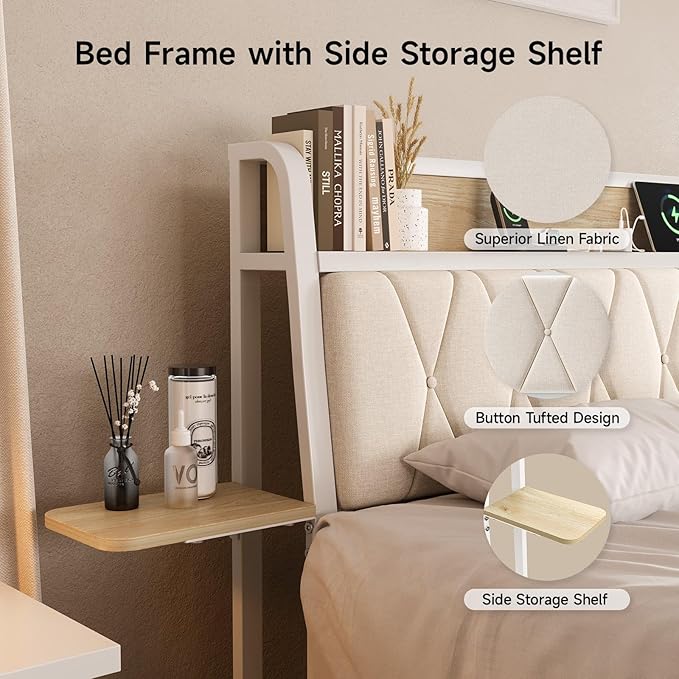 Queen Bed Frame with Side Storage Shelf, Ergonomic Upholstered Headboard with Charging Station, Queen Size Platform Bed Frame, Metal Slats Support, No Box Spring Needed, Easy Assembly, White