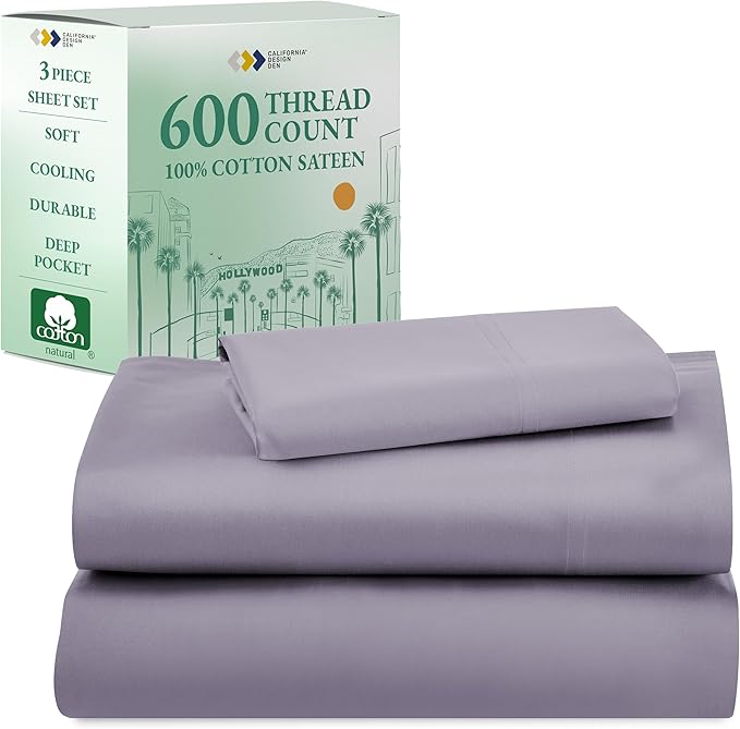 California Design Den Luxury Twin Sheet Set - 100% Cotton, 600 Thread Count Deep Pocket Twin Sheets, Soft Hotel-Quality Bedding with Sateen Weave - Lavender