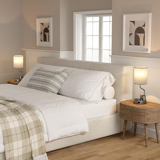 Grey Bedside Table Lamps for Bedroom Set of 2 - Nightstand Light with AC Outlet and USB A & C for Charging, 3 Color Temperatures Desk Lamp with Pen Holder & Phone Stand for Living Room/Dorm/Office