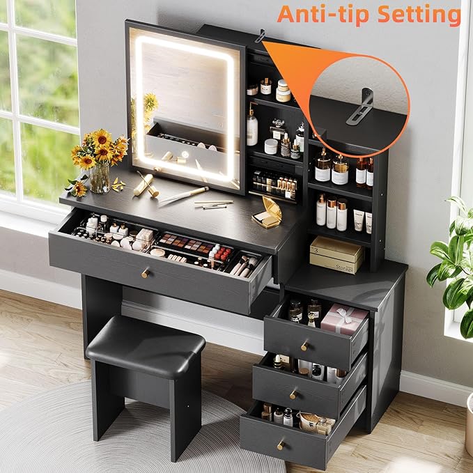 Vanity Desk with Mirror and Lights, Makeup Vanity with 3 Adjustable Lighting Modes, Small Vanity Desk with Sliding Mirror, 4 Drawers, 7 Shelves, Vanity Chair for Bedroom, Black