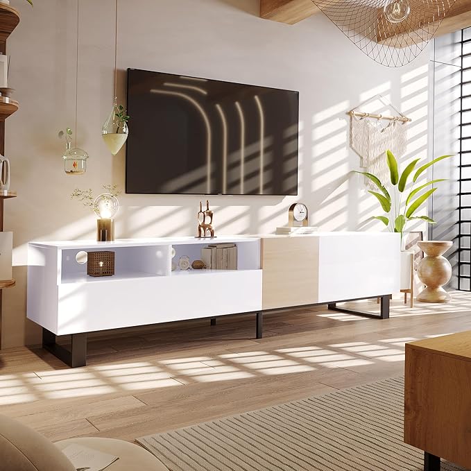 Merax Modern TV Entertainment Center with Cabinets, Drawers & Open Shelves, Wood TV Stand for TVs Up to 80” for Living Room Bedroom (White & Natural)