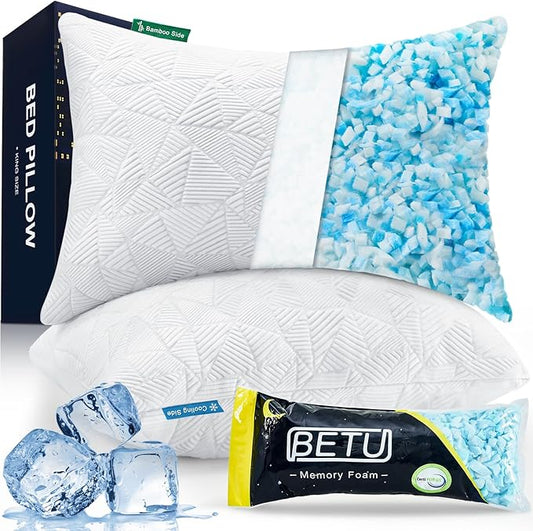 BETU Cooling King Size Pillows Set of 2, Shredded Memory Foam Cool Pillows for Hot Sleepers, Adjustable Firm Soft Support Bed Pillows Perfect for Back Neck Pain and Side Sleeping with Cover, White
