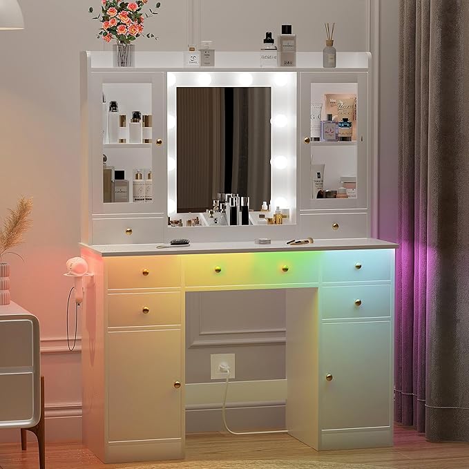 Vanity Desk with Mirror and Lights, White Vanity Mirror with Lights Desk and Chair & Charging Station, Makeup Vanity Desk with Lights for Women Bedroom 3 Color Modes Adjustable