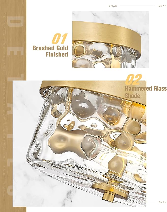 Emak Modern Brushed Gold Ceiling Light, 2-Light Ceiling Lights with Hammered Glass Shade, 11 Inch Flush Mount Light Fixture for Bedroom, Bathroom, Hallway, Kitchen, FM082-GD-HG