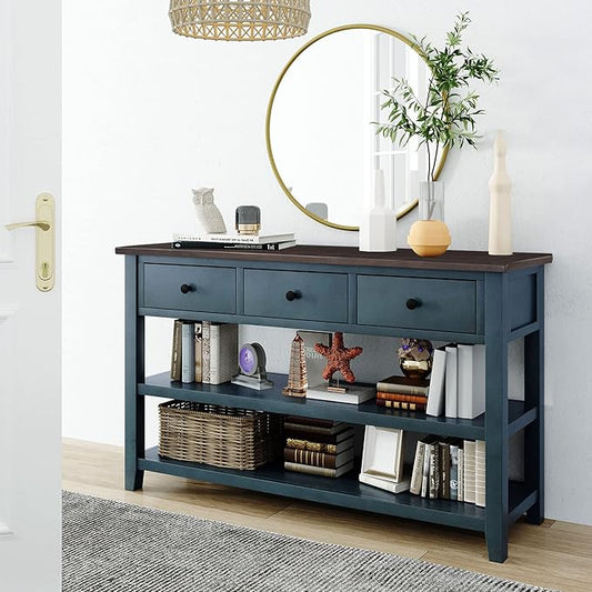 Knocbel Entryway Console Table with 3 Drawers and Open Shelves, Entry Hallway Foyer Sofa Long Table, 220lbs Weight Capacity, 50" L x 16" W x 30" H (Navy)