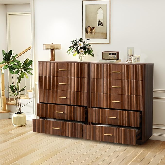 Fluted 5 Drawers Dresser for Bedroom, Wooden Tall Storage Dresser TV Stand, Curved Profile Modern Chest of Drawers, Wood Closet Clothes Storage Organizer for Living Room Hallway,Walnut 2 Sets
