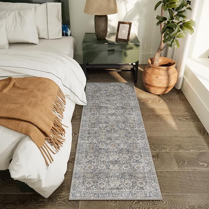 2'x6' Washable Runner Rug Utral Soft Lightweight Vintage Boho Distressed Non-Slip Backing,Low Pile Stain Resistant Farmhouse Rug for High-Traffic Hallway, Kitchen & Laundry