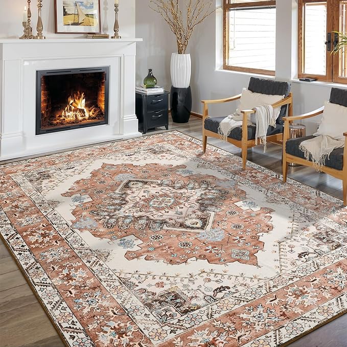 Living Room Rug 6x9 Rug, Machine Washable Area Rug Non Slip Low Pile Rug for Living Room, Bedroom, Farmhouse, Dining Room, Orange