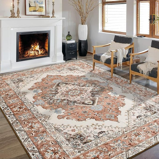 Living Room Rug 6x9 Rug, Machine Washable Area Rug Non Slip Low Pile Rug for Living Room, Bedroom, Farmhouse, Dining Room, Orange