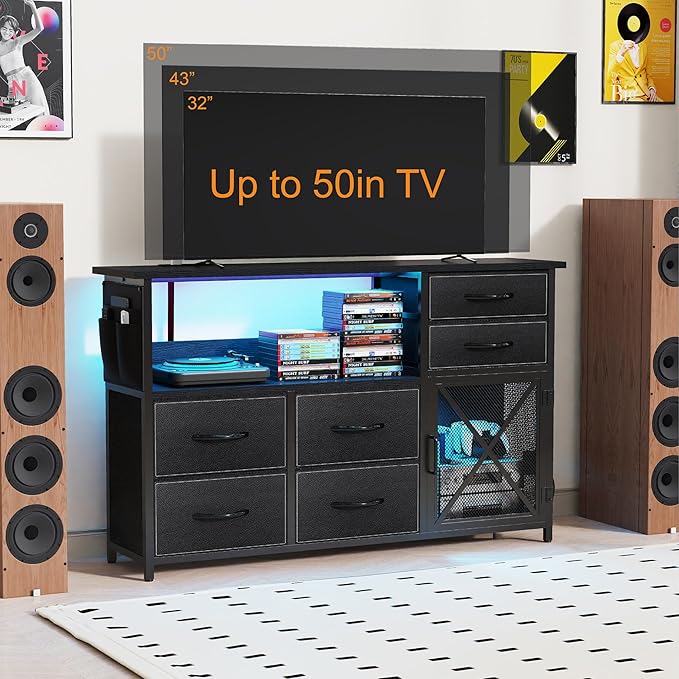 Dresser for Bedroom with LED Lights, TV Stand with Charging Station for 50 inch TV, 6 Drawers Chest with Door and Side Storage, Long Metal Dresser Table for Living Room, Black