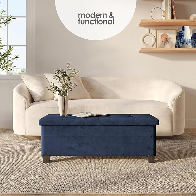 STORAGEBUD Storage Ottoman Bench with Bins, 43-in Storage Bench for Bedroom End of Bed, Folding Foot Rest Ottoman for Living Room Max 660lbs, Velvet Ottomans, Blue