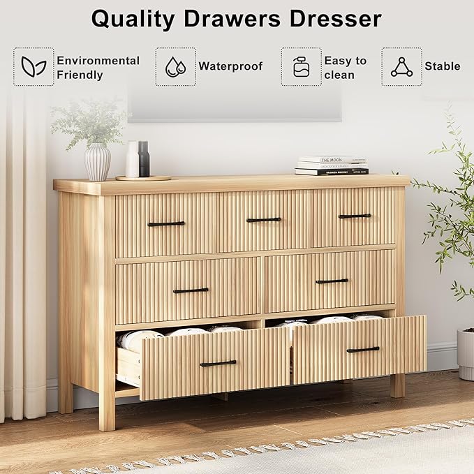 Fluted 7 Drawers Dresser for Bedroom, Modern Chest of Drawers with Metal Handle, Wood Dresser TV Stand, Wooden Closet Clothes Storage Organizer for Living Room, Hallway (Natural Oak)