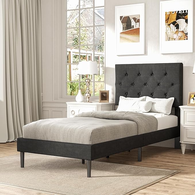 Twin Size Platform Bed Frame with Upholstered Headboard, Button Tufted Design, No Box Spring Needed, Dark Grey