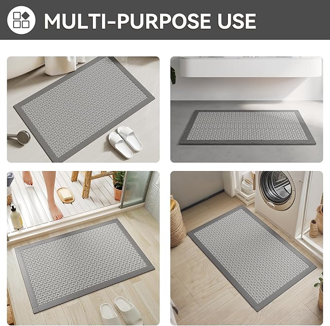 Non Slip Bath Mat Bathroom Rugs, Soft Jute-Like Ultra Thin Bath Mats, Rubber Backing Super Absorbent Quick Dry Bath Rug Shower Mat Fit Under Door Bathroom Floor, Machine Washable, Gray 16" x 24"