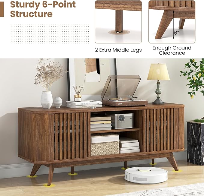 Giantex Fluted TV Stand for TVs up to 60", Mid Century Modern Entertainment Center w/Storage, 2-Door TV Cabinet w/Adjustable Shelves, Media Console Table for Living Room, Bedroom, Walnut