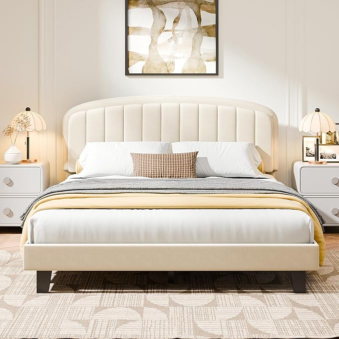 Cozy Castle Queen Bed Frame, Upholstered Platform Bed with Velvet Adjustable Curved Headboard, Mattress Foundation with Strong Wooden Slats, No Box Spring Needed, Easy Assembly, Cream