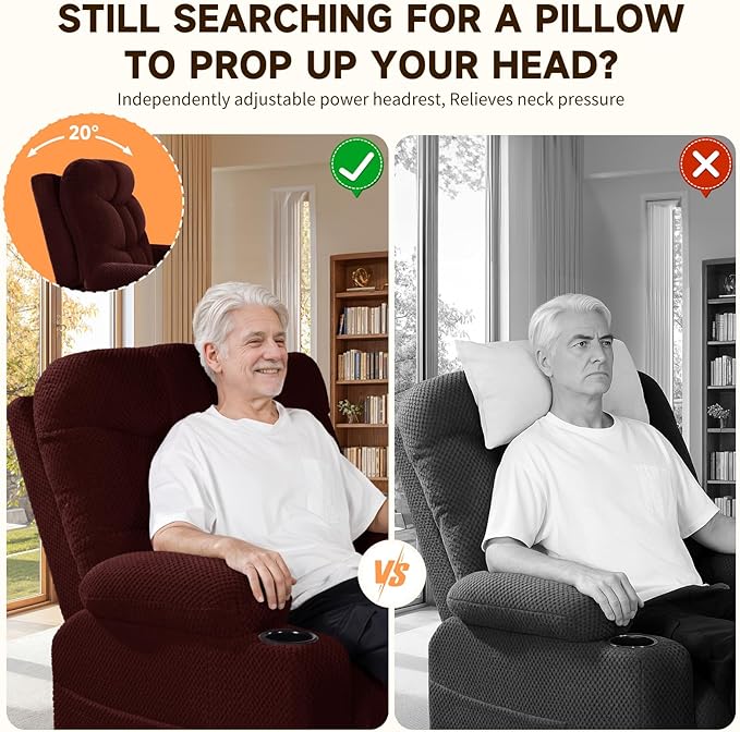 Triple Motor Large-Wide Power Lift Recliner Chair with Power Headrest for Big and Tall Elderly, Infinite Position, Massage Heat, Extend Footrest, USB, Cup Holder, Plush Flannel Red