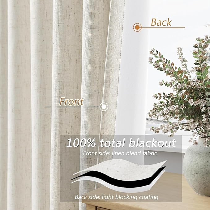 Guken Natural Linen Blackout Curtains 100 Inch Wide by 108 Inch for Living Room Bedroom Back Tab Thermal Insulated 100% Black Out Linen 1 Drapes Room Darkening Window Curtains,1 Panel