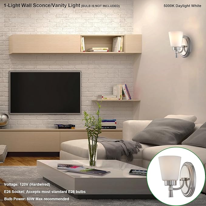 GRUENLICH Wall Sconce, Modern Vanity Light, for Bathroom, Bedroom, Sitting Room, E26 Base 60W Max, Metal Housing with Glass, Nickel Finish, 1-Pack