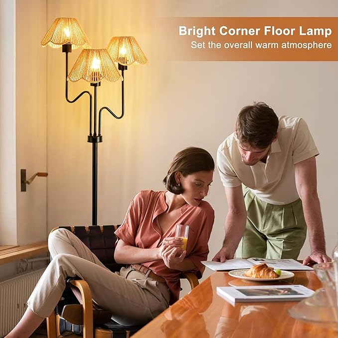 Rattan Floor Lamp for Living Room Bedroom,3-Light Floor Lamp with Remote Control,Boho Flower Lamp Black Tree Standing Lamp with 3 Color Temperature Tall Floor Lamps for Bedroom Corner