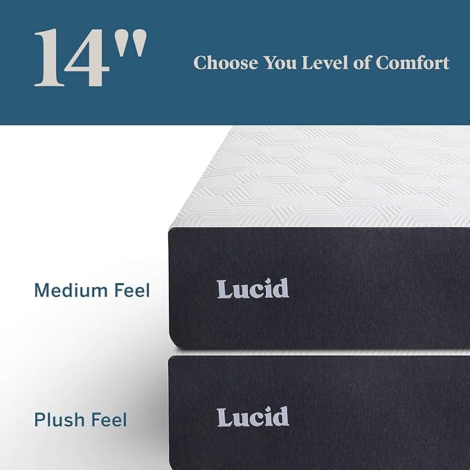 LUCID 14 Inch Memory Foam Mattress - Medium Feel - Memory Foam Infused with Bamboo Charcoal and Gel - Temperature Regulating - Pressure Relief - Breathable - Premium Support - Queen Size