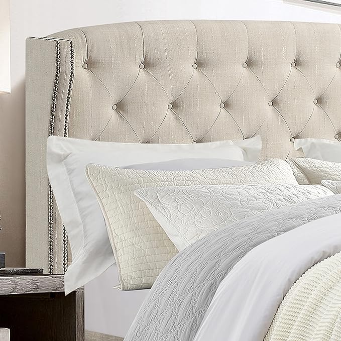 Rosevera Essential Wingback Platform Bed Frame with Tufted Headboard/Fabric Upholstered Bed Frame/Wood Slat Support/Easy Assembly,King,Beige