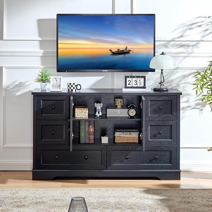 LIDYUK 6 Drawer Black Dresser for Bedroom Farmhouse Dresser Chest of Drawers, 55" Wide Clothes Organizer with Storage Cabinet Wood Chest of Drawers for Bedroom, Living Room