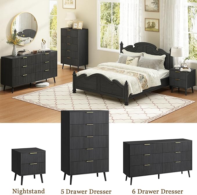 CARPETNAL Fluted 5 Drawers Dresser for Bedroom, 45”Tall Modern Chest of Drawers with Deep Drawers,Curved Profile Design, Wood Drawer Organizer for Living Room, Black