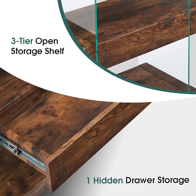 ivinta Glass Console Table, 3-Tier Industrial Rustic Entryway Table with Storage Shelves and Hidden Drawer for Living Room Hallway Foyer or Entrance, 5104 (Dark Brown, 39")
